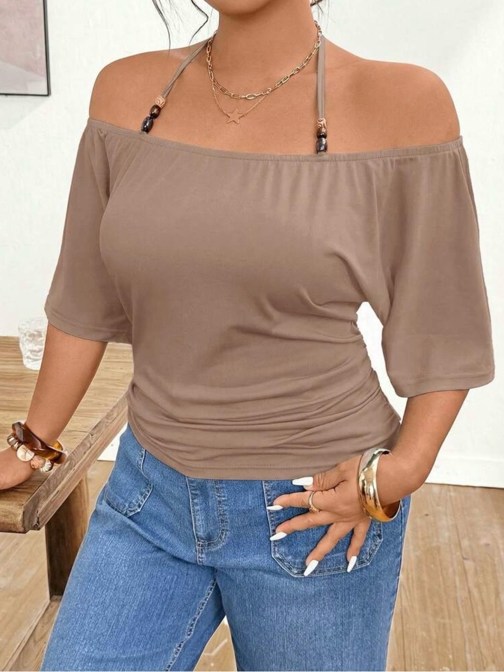 Shein plus size women’s off shoulder top beaded tie design & ruching Size 16/2XL